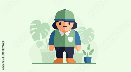A friendly gardener in a cap and vest stands amidst potted plants with large leaves