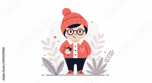 A child in winter clothes and glasses holds a phone amidst stylized plants