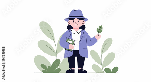 Stylized cartoon person in a hat holds a book and leaf, surrounded by plants
