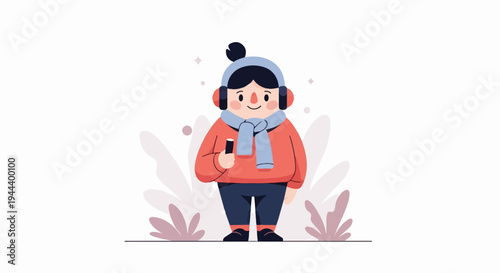 Animated figure in winter attire, wearing headphones and holding a smartphone