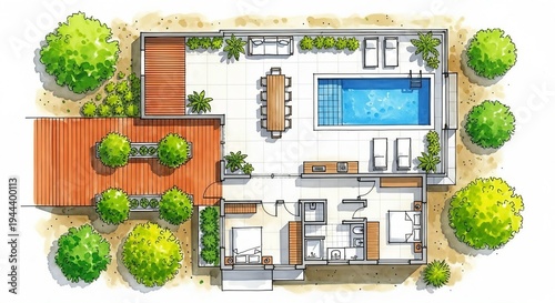 Modern villa architectural floor plan with swimming pool and wooden patio garden layout
