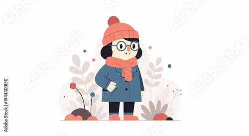 Stylized character in winter attire stands amidst abstract foliage, exuding warmth and charm
