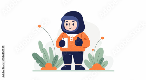 Cheerful character in winter attire holding a phone, surrounded by stylized plants and orange dots