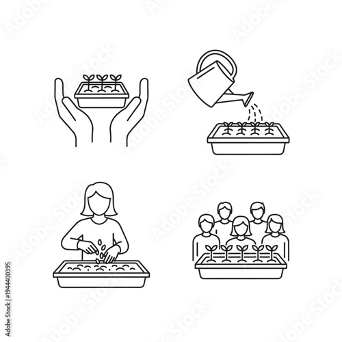 Line art icons illustrating the process of planting, nurturing, and community involvement in gardening, showing seedlings, watering, and care.