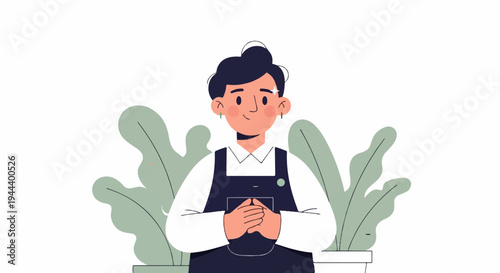 Friendly person in apron holding a book with plants in background