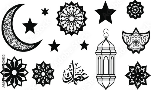 Black and White Ramadan Icons Crescent Moon Stars Lantern and Arabic Calligraphy Keywords: ramadan, islam, islamic