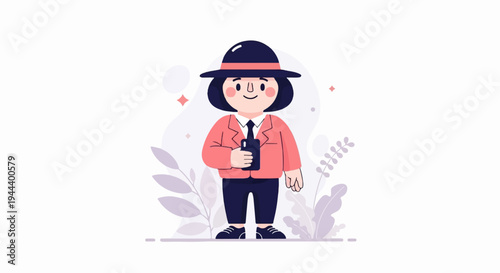 A cartoon person in a hat and suit holds a phone with plants in the background