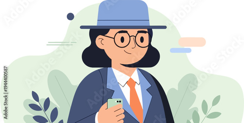 Stylized person in hat, glasses, suit, and tie holding a smartphone