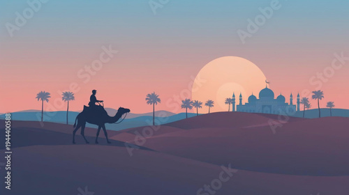illustration of a lone rider silhouetted on a camel traverses rolling sand dunes. In the background, a grand mosque and a cluster of palm trees 