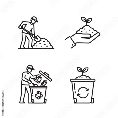 Line art icons depicting composting, gardening, and recycling processes, including a person shoveling, a hand holding a sprout, waste sorting, and a plant in a compost bin.
