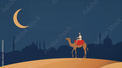 illustration of man riding a camel in desert night with mosque and crescent moon background