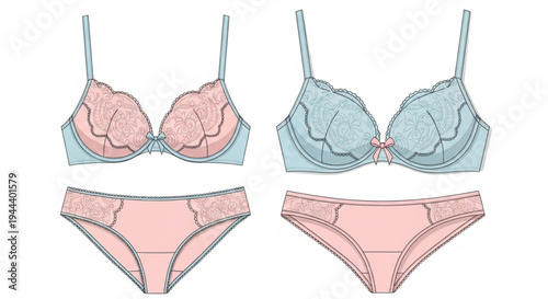 Beautiful lingerie set with lace details, including a pink bra and matching underwear, and a blue bra with pink bottoms