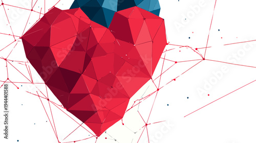Geometric heart made with low-poly shapes with network lines and a simple blue background