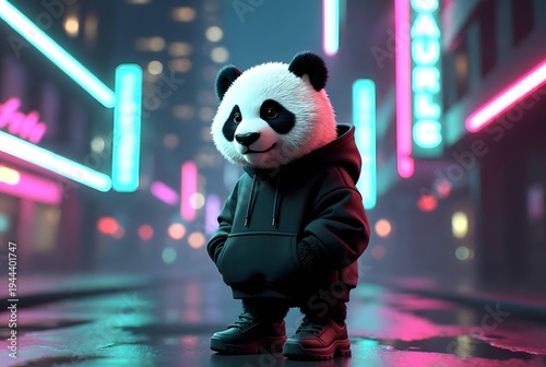 Wallpaper Mural Cute panda wearing a dark hoodie and sneakers stands on a wet city street illuminated by bright neon lights at night Torontodigital.ca