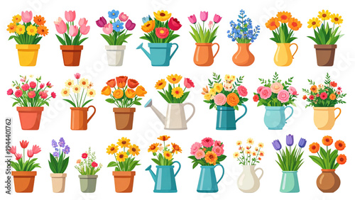 Colorful Spring Flower Arrangements in Pots and Watering Can – Flat Vector Illustration