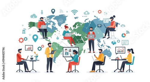 Global Remote Work and Online Collaboration: Diverse Professionals Connected Across World Map, Driving Digital Business, Virtual Teams, and Modern Freelance Careers.