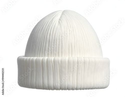 Simple white ribbed knit beanie, cuffed brim