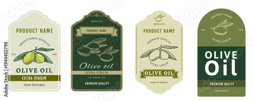 Set 1 of olive oil labels isolated on white background. Healthy vegetarian organic food. Vector Illustration. 
