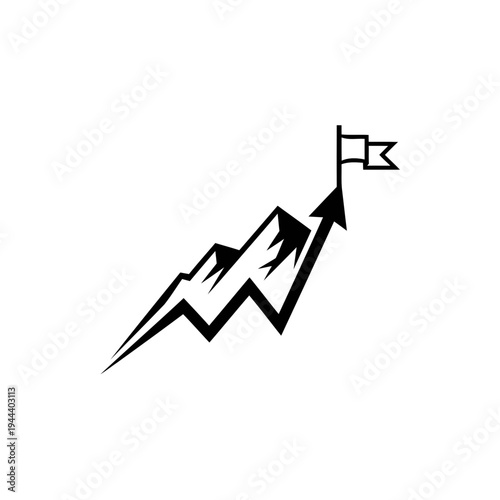 Mountain Peak Ascent with Flag and Upward Arrow