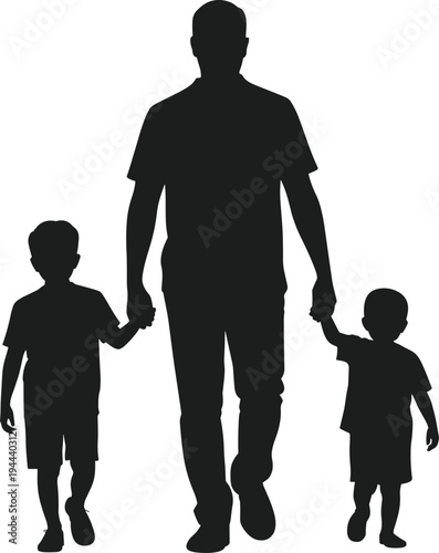 Father walking with two young sons holding hands black silhouette vector child family