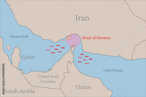 strait of homut area including cargo ship oil tanker and gas tanker iran and neighboring countries map middle east region illustration background vector flat lay design