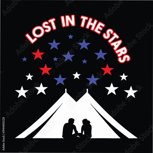 Romantic night under the stars with a couple inside a tent gazing at colorful celestial bodies