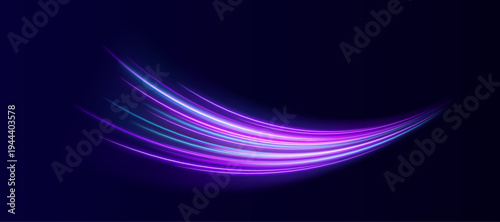 Purple and pink neon lines weave together, creating abstract energy waves. Light trails suggest speed and motion. Perfect for futuristic technology visuals.