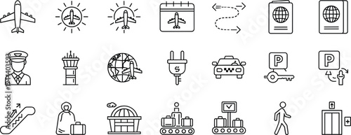 Airport travel line icons, aviation transportation symbols, flight journey elements, minimal outline vector set, airline passenger navigation interface collection