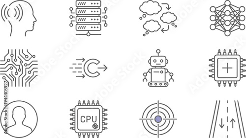 Artificial Intelligence and Machine Learning Outline Icon Set with Neural Network, Robot, CPU Chip, Data Processing, Targeting System and Technology Symbols