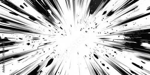 dramatic manga explosion burst radiating intense black ink lines and splatters from central impact on stark white canvas evoking high energy action and comic intensity