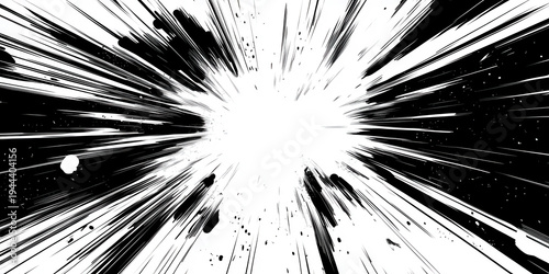 dramatic manga explosion burst radiating intense black ink lines and splatters from central impact on stark white canvas evoking high energy action and comic intensity