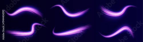 Curving neon lines sweep across a transparent futuristic scene. Bright purple light trails create depth and motion. Ideal graphic element for sci-fi digital visuals.