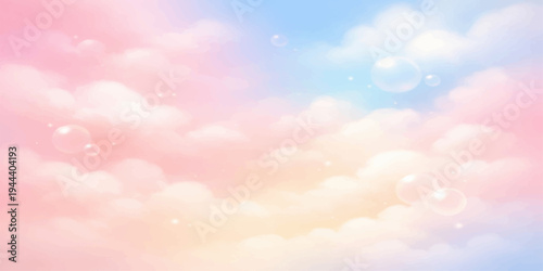 Dreamy Sky: A pastel-colored sky, painted with hues of pink, blue, and yellow, adorned with fluffy clouds and shimmering bubbles, creates a dreamy and whimsical scene.