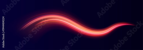 Red and orange neon streaks twist and loop in dynamic motion. Motion blur enhances the perception of speed and energy. Perfect for tech or sci-fi visuals.