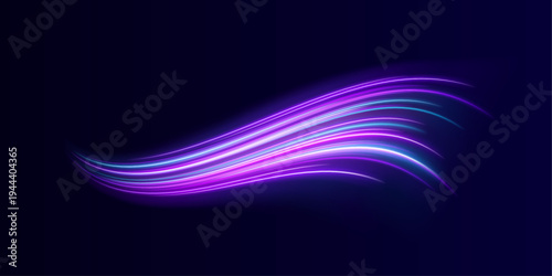Glowing blue, purple and pink lines form swirling energy waves. Motion blur adds depth and kinetic movement. Perfect for AI or tech-inspired backgrounds.