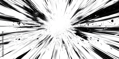 dramatic manga explosion burst radiating intense black ink lines and splatters from central impact on stark white canvas evoking high energy action and comic intensity
