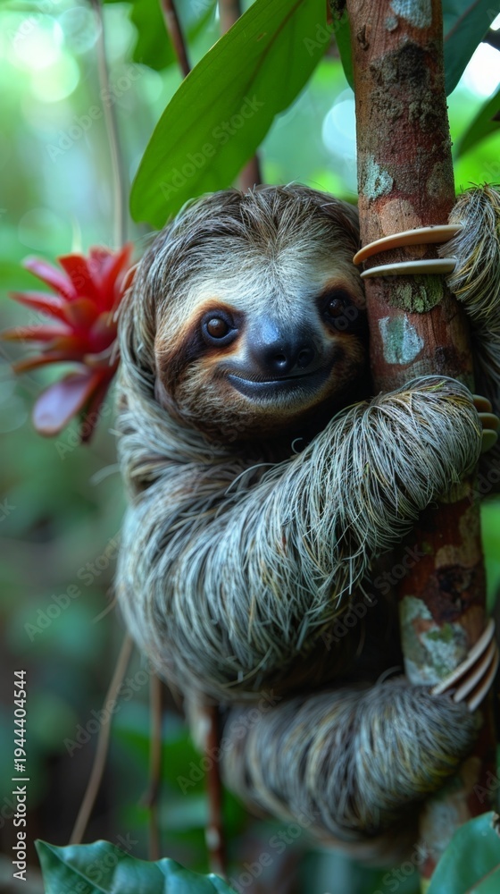 Fototapeta premium Sloth clinging to a tree in a dense tropical rainforest, with rich green foliage and bright flowers creating a vivid natural backdrop