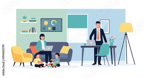 Remote Work and Family Life Balance Illustration: Professionals Juggling Home Office and Parenting Duties