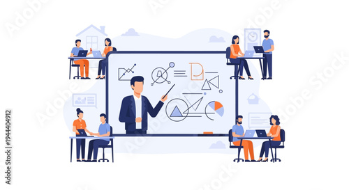 Online Learning and Business Training with Instructor and Remote Students - E-learning Virtual Classroom Concept Illustration