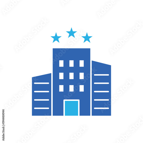 icon a corporate reputation with hotel building and three stars, isolated against a clean background.
