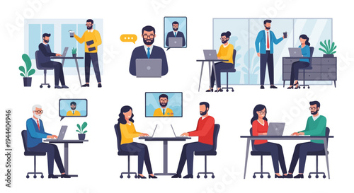 Modern Business People Working Set: Office Collaboration, Remote Work, and Online Video Meetings