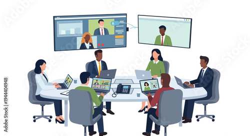 Hybrid Business Meeting with Video Conference Call and Remote Team Collaboration