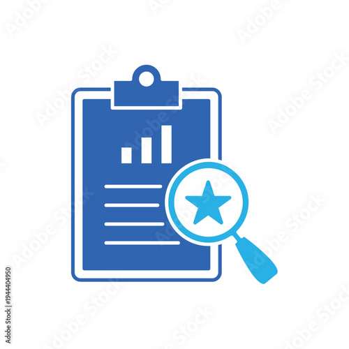 icon a reputation analysis with clipboard graph and magnifying glass, isolated against a clean background.