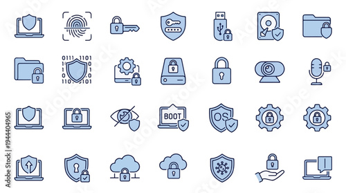 A set of cybersecurity icons featuring data protection, digital privacy, cloud safety, firewall, antivirus, biometric scan, encryption, network security, folder lock, and system guard, tech, safe.