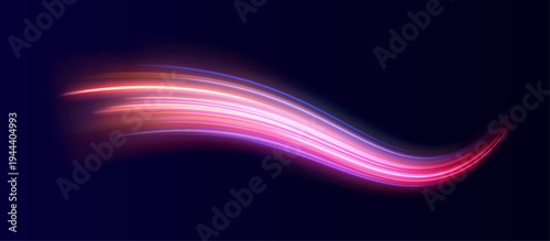Glowing neon arcs flow fluidly, radiating energy. Motion blur creates dynamic speed and kinetic perception. Ideal for futuristic and tech visuals.