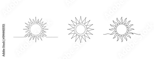 Set of sun icons in continuous line drawing style. Minimalist sunshine and sunlight vector illustration for summer weather and energy concept design.