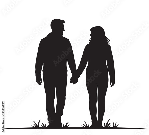 Silhouette vector illustration of a loving couple, a man and a woman, holding hands and walking together, symbolizing companionship and a strong relationship