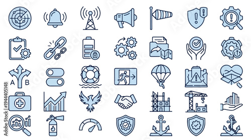 Collection of blue and white line icons depicting risk management, safety, security, business growth, construction, and emergency protocols for corporate professional use, safety, icons, business