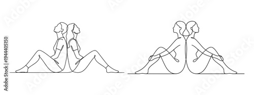Two women sitting back to back in continuous line drawing style. Minimalist female friendship and mental health meditation concept vector illustration.