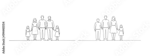 Large family holding hands in continuous line drawing style. Minimalist happy family with parents and children vector illustration for home and love.